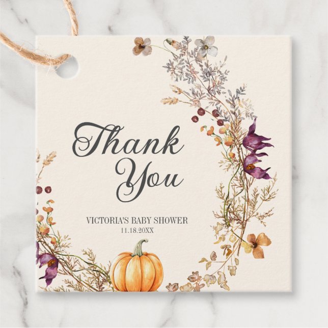 Étiquettes Cadeau Baby Shower Bohème Fleurs Automne Citrouille (Devant)