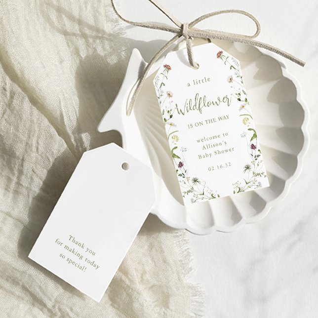 Étiquettes-cadeau Baby Shower Bohème Rustique Fleur Sauvage Verte  (Green A Little Wildflower Rustic Boho Baby Shower Gift Tags)