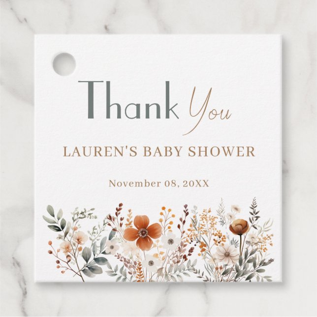 Étiquettes Cadeau Baby shower Boho Fleur sauvage Terracotta Merci (Devant)