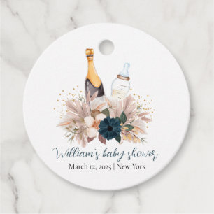 Étiquettes Cadeau Baby shower Bouteilles Champagne Poppin Blue Boho