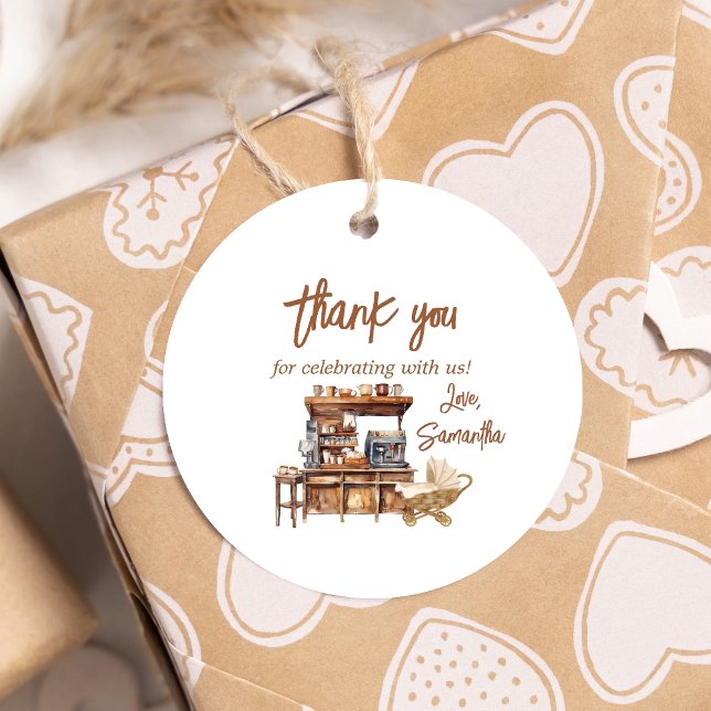 Étiquettes Cadeau Baby shower café bébé rond (Coffee Baby Shower Favor Tags)