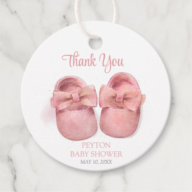 Étiquettes Cadeau Baby shower Chaussures Aquarelle Rose (Devant)