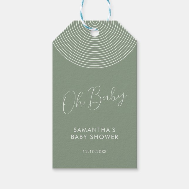 Étiquettes-cadeau Baby Shower Chic Script Vert Sauge Moderne (Devant)