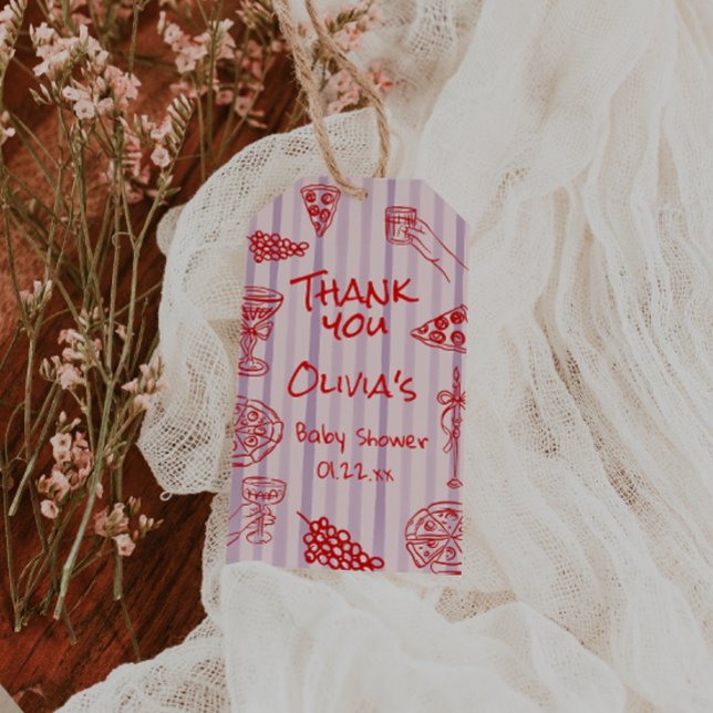 Étiquettes-cadeau Baby shower Ciao Ciao Purple Pizza Rouge Tiré À La (Créateur téléchargé)