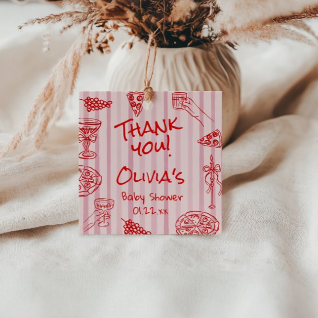 Étiquettes Cadeau Baby shower Ciao rouge violet à la main de pizza (Créateur téléchargé)