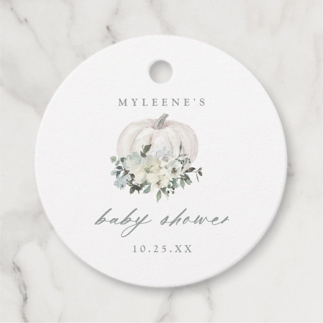 Étiquettes Cadeau Baby shower Citrouille blanc et gris (Devant)
