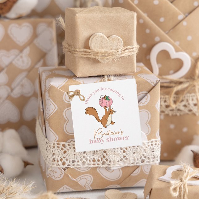 Étiquettes Cadeau Baby shower Citrouille rose et écureuil bébé fille (Créateur téléchargé)