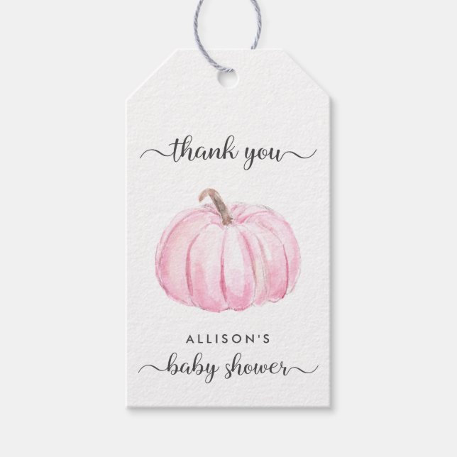 Étiquettes-cadeau Baby shower Citrouille rose  Merci (Devant)