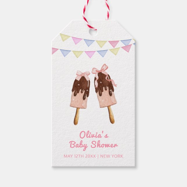 Étiquettes-cadeau Baby shower Crème de glace de Bow Popcicle Rose mi (Devant)