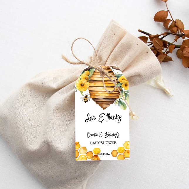 Étiquettes-cadeau Baby shower d'abeilles miel merci pour le modèle (Honey bee baby shower thank you favor template thank you favor gift tags beehive yellow flowers cute)