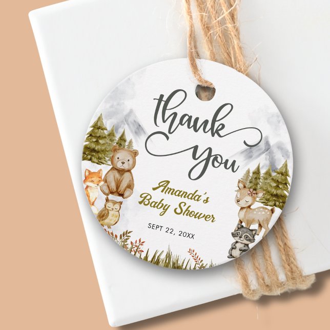 Étiquettes Cadeau Baby shower d'animaux forestiers de Merci forestie (Créateur téléchargé)