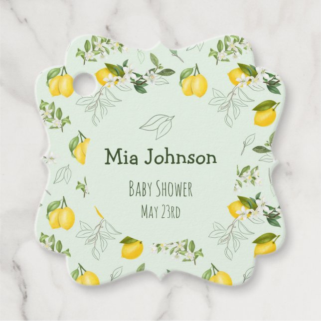 Étiquettes Cadeau Baby shower d'aquarelle aux citrons en fleurs mign (Devant)