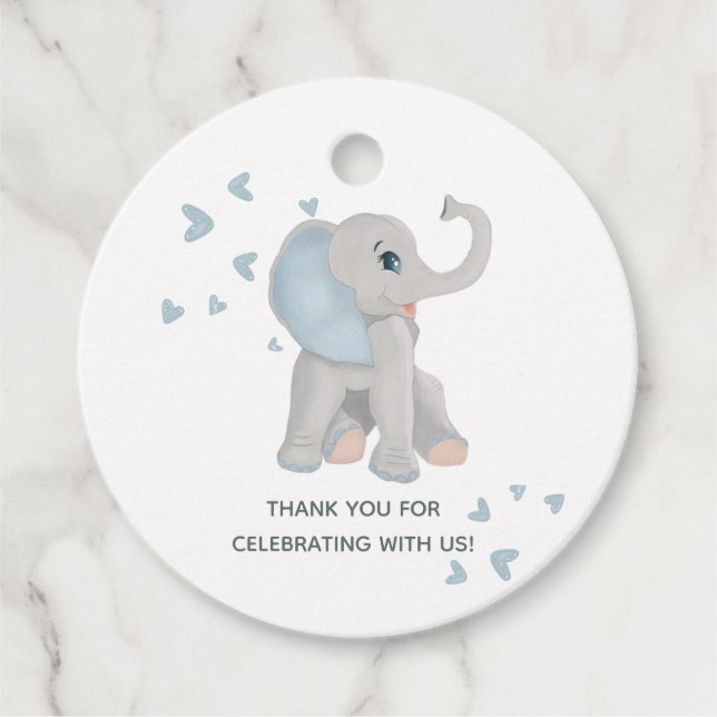 Étiquettes Cadeau Baby shower d'aquarelle bleu bleu Eléphant (Devant)