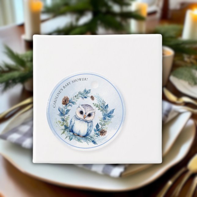 Étiquettes Cadeau Baby shower d'aquarelle de la Chouette d'hiver (Winter Owl Watercolor Baby Shower Favor Tags)