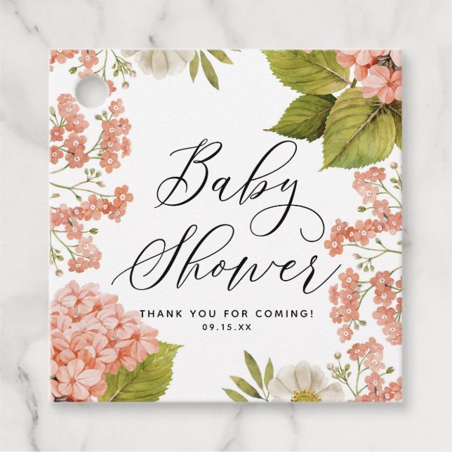 Étiquettes Cadeau Baby shower d'aquarelle de pêche rustique Hydrange (Devant)