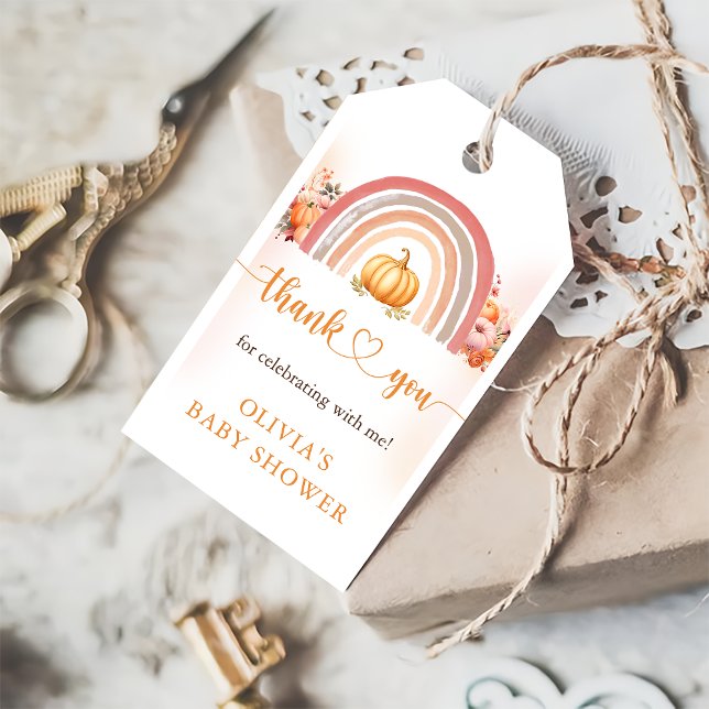 Étiquettes-cadeau Baby shower d'automne Boho Rainbow Little Citrouil (Créateur téléchargé)