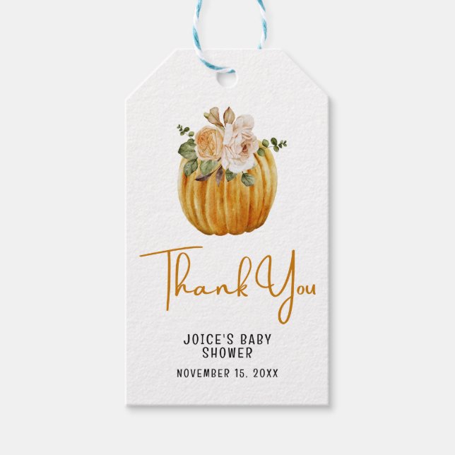 Étiquettes-cadeau Baby shower d'automne du petit Citrouille Merci (Devant)
