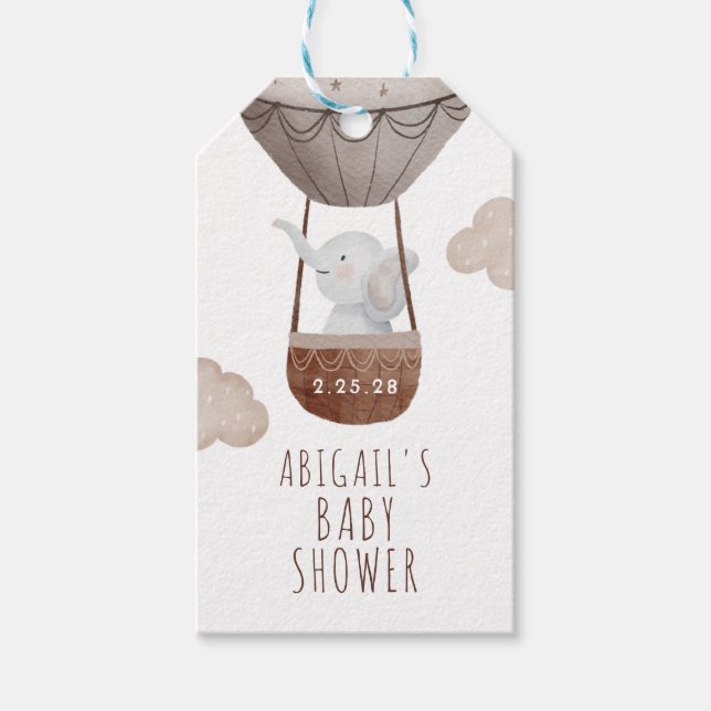 Étiquettes-cadeau Baby shower de balloon éléphant à air chaud (Devant)