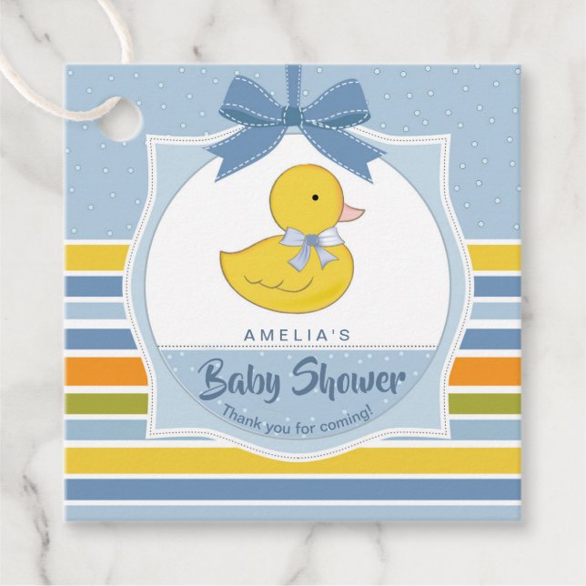 Étiquettes Cadeau Baby shower de canard en caoutchouc bleu ID641 (Devant)