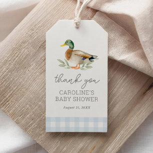 Étiquettes-cadeau Baby shower de canard En vichy bleu