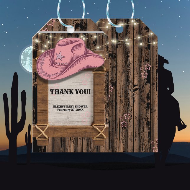 Étiquettes-cadeau Baby shower de Casquette Russe Rose Cowgirl (Créateur téléchargé)