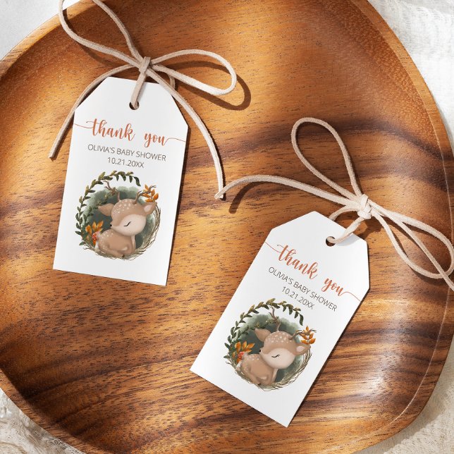 Étiquettes-cadeau Baby shower de cerfs de bois couché Merci (Créateur téléchargé)