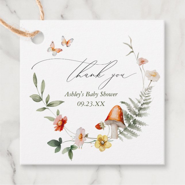 Étiquettes Cadeau Baby shower de champignons de forêt enchantés (Devant)