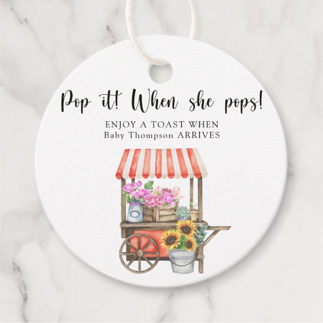 Étiquettes Cadeau Baby shower de chariot à fleurs - Pop it! Quand el (Devant)