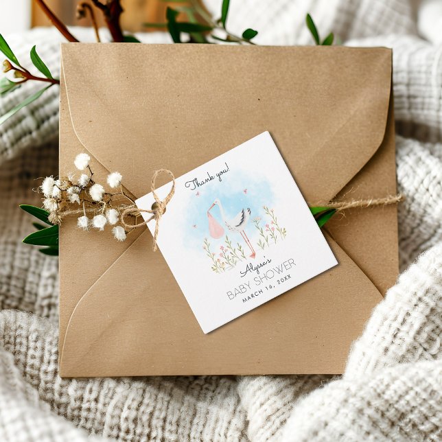Étiquettes Cadeau Baby shower de cigognes d'aquarelle mignonne (Créateur téléchargé)