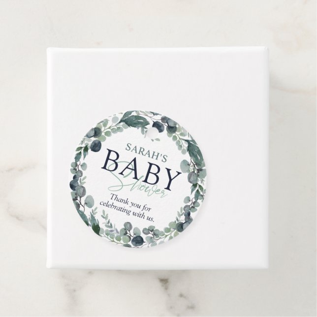 Étiquettes Cadeau Baby shower de feuillage Eucalyptus Aquarelle (En situation)