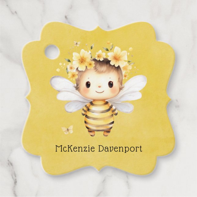 Étiquettes Cadeau Baby shower de fleurs d'abeilles jaunes mignons (Devant)