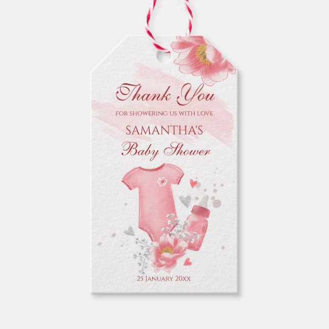 Étiquettes-cadeau Baby shower de fleurs de biberon rose fille romand (Devant)