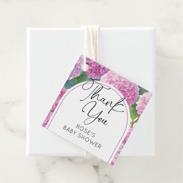 Étiquettes Cadeau Baby shower de fleurs d'Hydrangea (En situation)