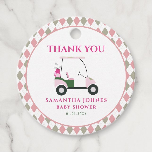 Étiquettes Cadeau Baby shower de golf moderne rose (Devant)