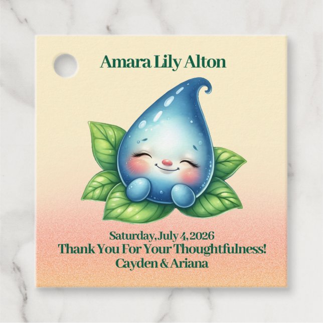 Étiquettes Cadeau Baby shower de goutte-à-goutte pour bébé couché mo (Devant)