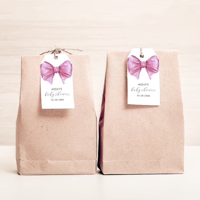 Étiquettes-cadeau Baby shower de la corbeille rose (Girly Pink Watercolor Bow Baby Shower Gift Tags)