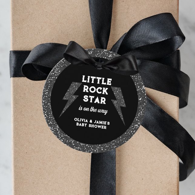 Étiquettes Cadeau Baby shower de la Parties scintillant noire Little (little rock star baby shower favor tags black glitter flash rock and roll)