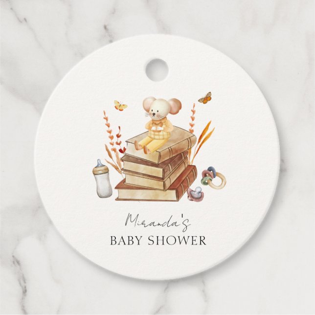 Étiquettes Cadeau Baby shower de la souris de livre Boho neutre pour (Devant)