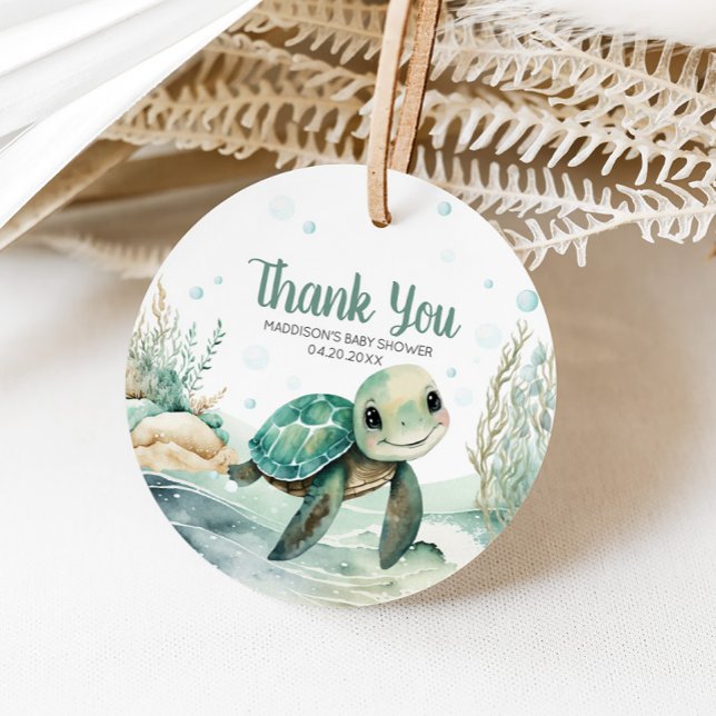 Étiquettes Cadeau Baby shower de la tortue de mer ronde (Sea Turtle Baby Shower Round Favor Tags)