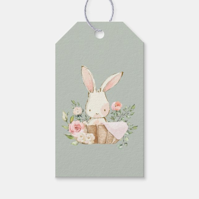 Étiquettes-cadeau Baby shower de lapin vert Sage (Devant)