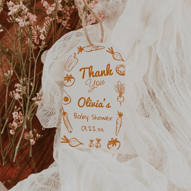 Étiquettes-cadeau Baby shower de légumes de culture locale dessinés  (Créateur téléchargé)