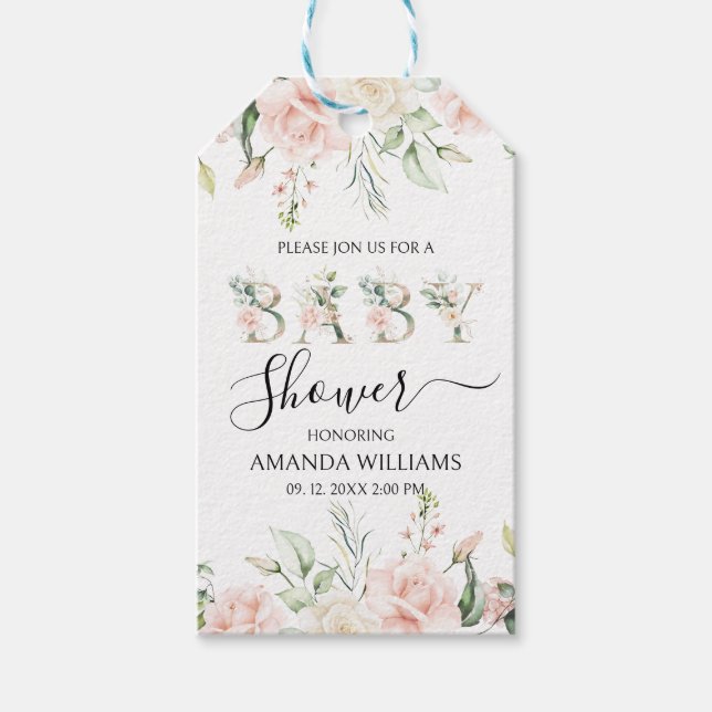 Étiquettes-cadeau Baby shower de lettres florales rose pâle (Devant)