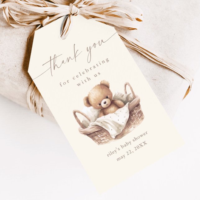 Étiquettes-cadeau Baby shower de l'ours de Boho neutre par sexe Favo (Modern boho teddy bear baby shower thank you favor tag.)