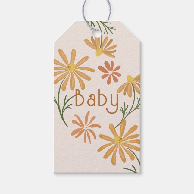Étiquettes-cadeau Baby shower de marguerites orange et jaune (Devant)