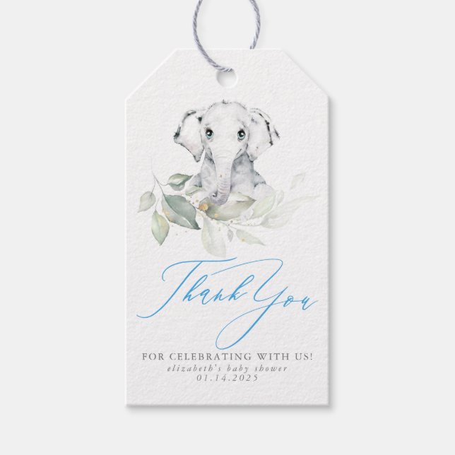 Étiquettes-cadeau Baby shower de Merci bleu éléphant bébé (Devant)