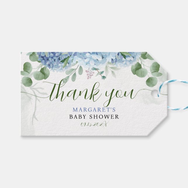 Étiquettes-cadeau Baby shower de Merci bleu hydrangea (Devant (Horizontal))