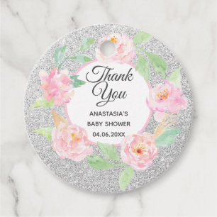 Étiquettes Cadeau Baby shower de Merci de en argent et rose