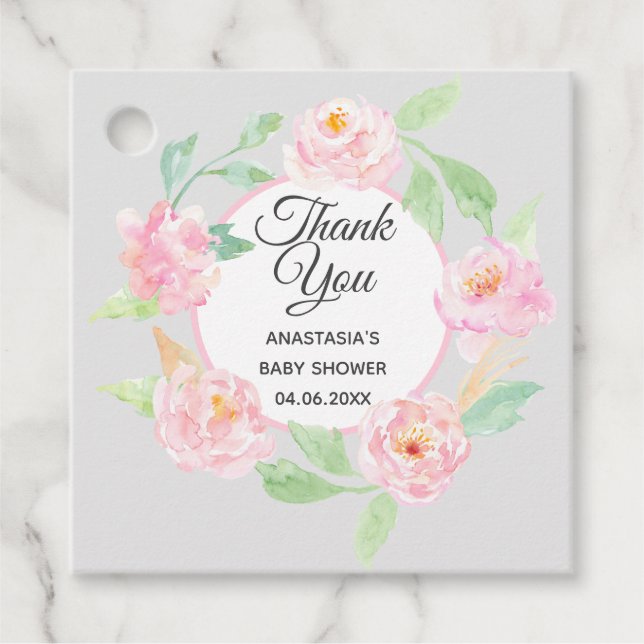 Étiquettes Cadeau Baby shower de Merci de  gris et rose (Devant)