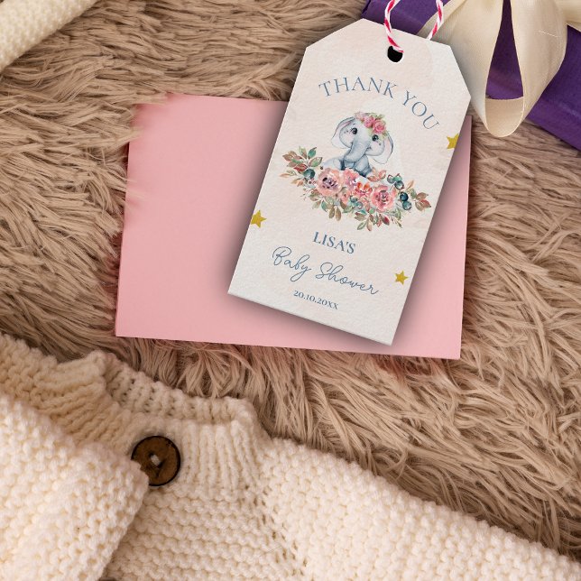 Étiquettes-cadeau Baby shower de Merci d'éléphant floral mou (Cute Floral Elephant Thank You Baby Shower Gift Tags)