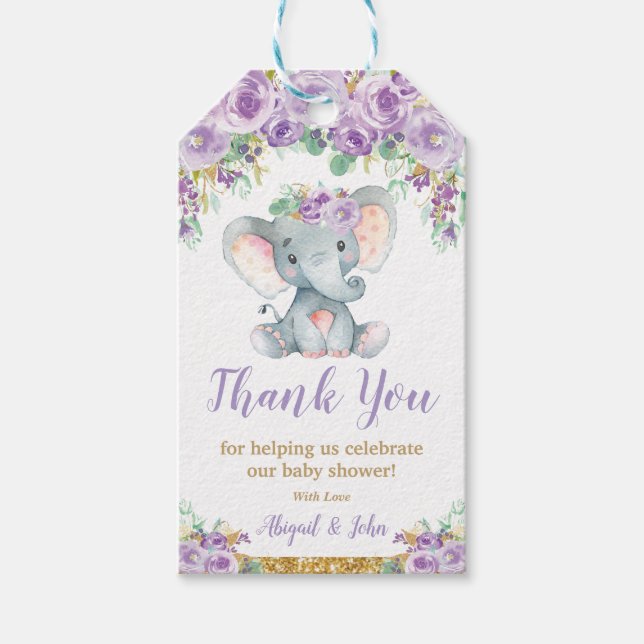 Étiquettes-cadeau Baby shower de Merci d'éléphants floraux violets (Devant)